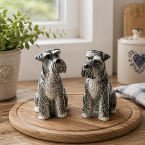 May include: Two ceramic salt and pepper shakers shaped like sitting Schnauzer dogs. Each dog features a textured grey and white coat, detailed facial fur, and upright ears. The shakers are finished with a glossy glaze and have a realistic appearance.