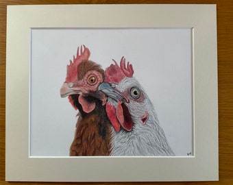 Hens Coloured Pencil Original Art - Chicken’s Original Drawing