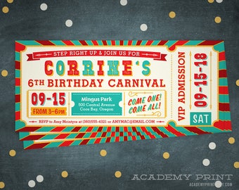 Birthday Carnival Ticket Invitation, Printable Invite, Carnival Ticket, Kids Birthday, Gender Neutral, Circus Party, Come One Come All