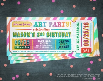 Art Party Ticket Invitation, Painting Party, Printable Art Party Invite, Art Party Birthday , Rainbow Invitation, Kids Colorful Paint Party