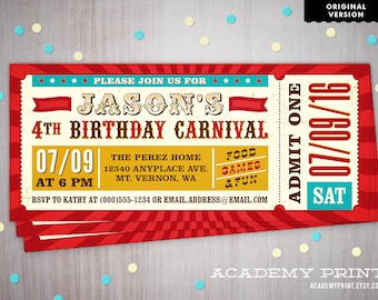 Carnival Ticket Invitation, Printable Children's Birthday Invite, Circus Ticket, Kids Birthday, Gender Neutral, Carnival Party, Quinceanera