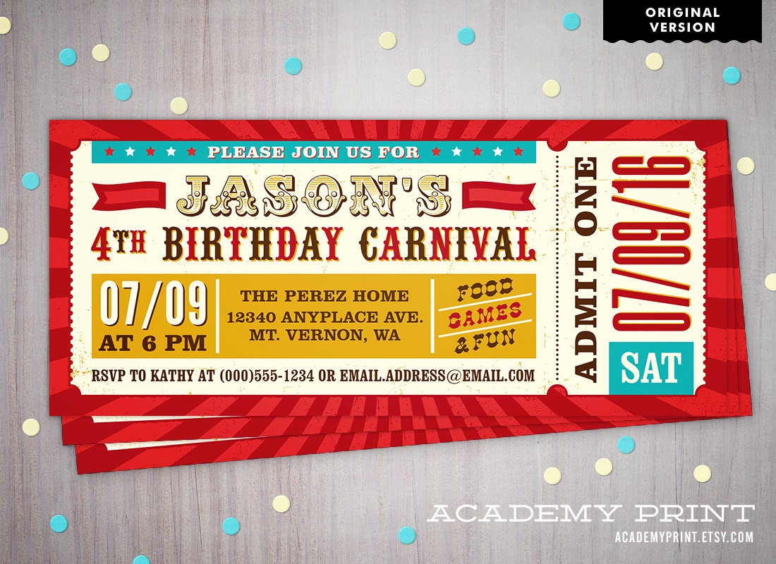 Carnival Ticket Invitation, Printable Children's Birthday Invite, Circus  Ticket, Kids Birthday, Gender Neutral, Carnival Party, Quinceanera - Etsy, image size:1100x800