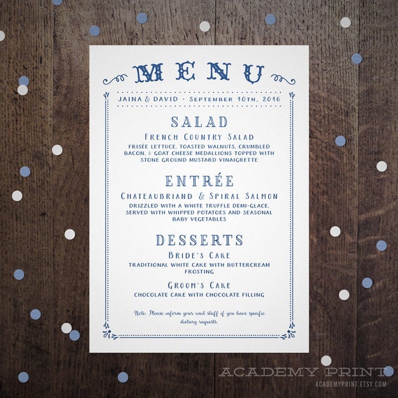Wedding Menu Printable Rustic Menu Card Reception Buffet Etsy