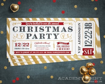 Christmas Party Ticket Invitation, Printable Holiday Party Ticket, Winter Celebration, Office Party Invite, Tis the Season, Gold Stripe