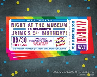 Night at the Museum Birthday Ticket Invitation, Printable Children's Museum Ticket Invite, Kid's Museum, Colorful, Rainbow, Planetarium