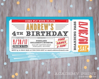 Plane Ticket Birthday Invitation, Printable Ticket Invite, Kid's Birthday, Boarding Pass, Come Fly, Airplane Ticket, Child's Birthday
