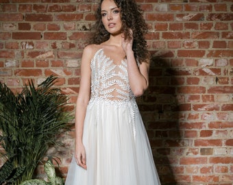 Boho Lace Wedding Dress, Tulle Gown with Train