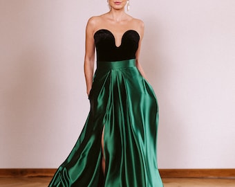 Saia de cetim verde-garrafa para noite, elegante traje de gala ou casamento, feita sob medida.
