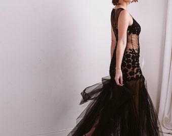 Vestido de tule preto feito à mão, vestido de noite bordado, feito sob medida