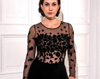 Elegant Black Lace Bodysuit – Transparent Bodysuit Handmade by Fanfaronada