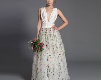 Maxi Tulle Skirt with Colorful Floral Embroidery • Wedding Reception Outfit • Custom Made