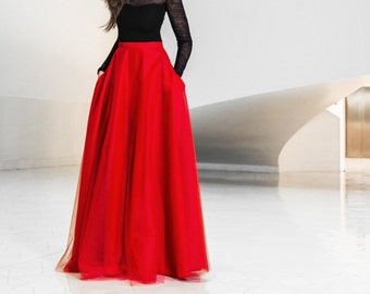 Maxi tulle skirt with pockets, tulle skirt, red skirt, red maxi skirt, new years eve, prom skirt, elegant, party dress