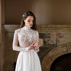 lace bodysuit, wedding separates, longsleeve lace blouse, bridal longsleeve, lace high neck, white bodysuit, wedding gown separates, bridal image 2