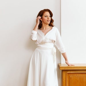 Two sided blouse, v-neck silk blouse, blouse with boat neck, bow tie blouse, brides silk blouse, silk bridal top, wedding separates