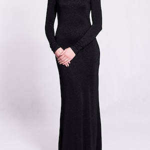 Backless black maxi dress evening bodycon elegant dress with a slit deep back scoop shiny fabric well fitted dress long sleeves image 6