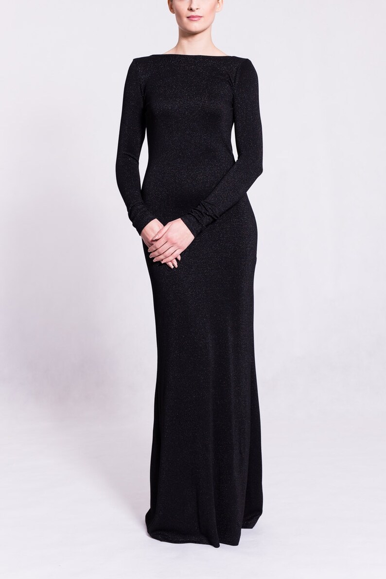 Backless black maxi dress evening bodycon elegant dress with a slit deep back scoop shiny fabric well fitted dress long sleeves image 6