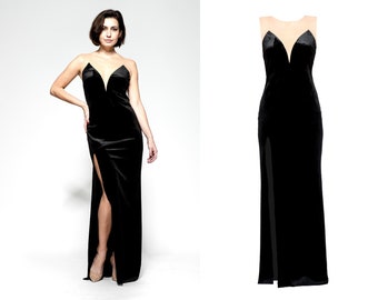 velvet maxi dress - evening bodycon dress - sexy floor length gown - elegant backless dress -  deep v neck dress - velour high slit dress