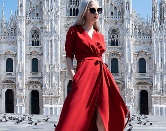 Vestido largo rojo cruzado, elegante hasta el tobillo, manga corta con bolsillos