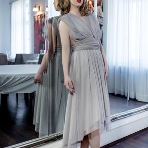 Luxury tulle infinity dress,  tea-length asymmetrical. Multiway bridesmaids dress. Convertible high low gown.
