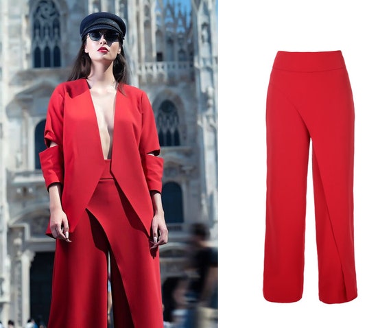 High-waisted Red Pants Elegant Palazzo Pants. Wide Leg Pants 