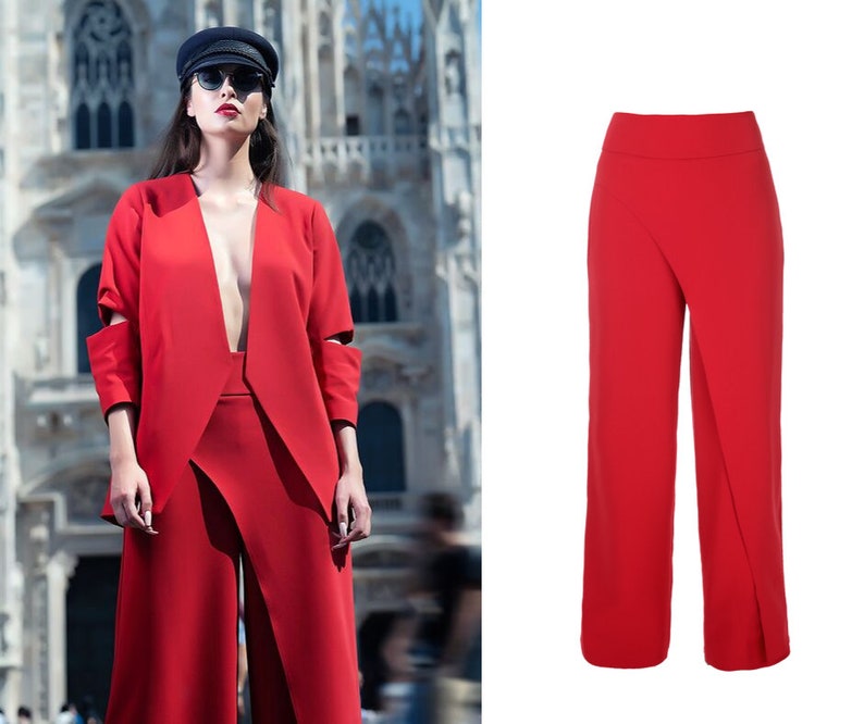 red wide leg trouser suit