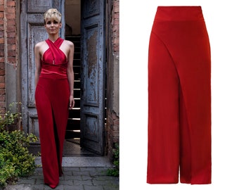 High waisted red pants, red trousers, high waisted wide leg pants, elegant trousers, trousers with pockets, evening pants