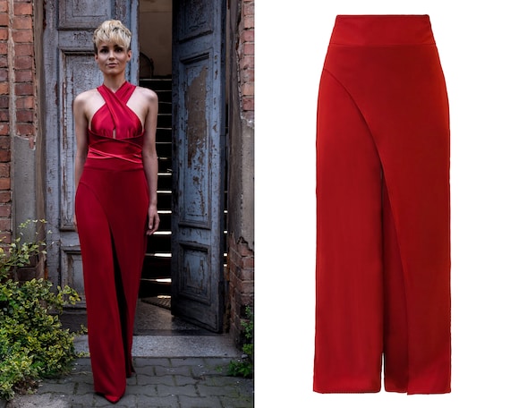 Hohe taillierte rote Hose, rote Hose, hohe taillierte breite Beinhose,  elegante Hose, Hose mit Taschen, Abendhose -  Schweiz