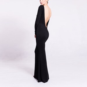 Backless black maxi dress evening bodycon elegant dress with a slit deep back scoop shiny fabric well fitted dress long sleeves image 5
