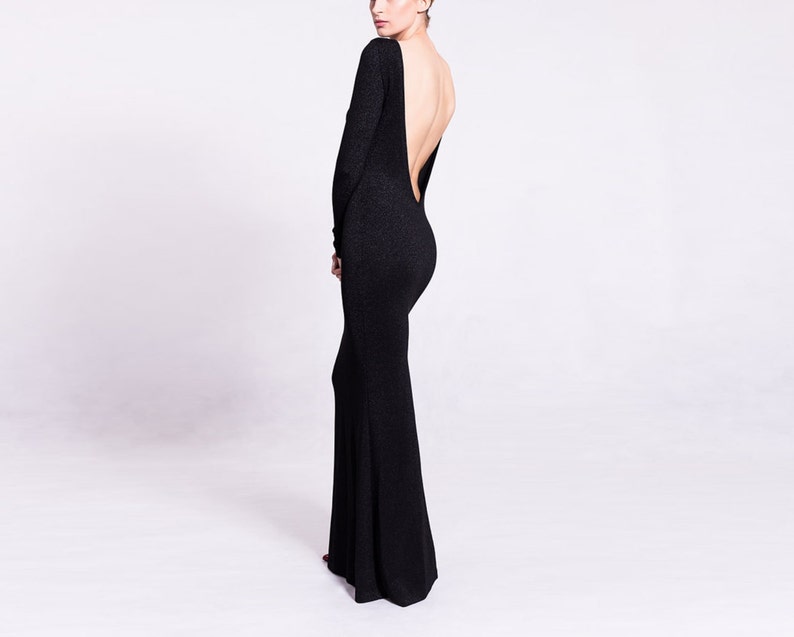 Backless black maxi dress evening bodycon elegant dress with a slit deep back scoop shiny fabric well fitted dress long sleeves image 5
