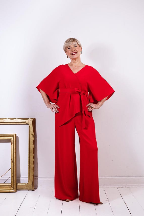 High Waisted Wide Leg Red Trousers, Elegant Dress Pants