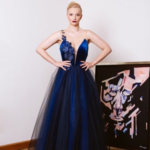 Blue ball gown, blue gown with open back, evening gown, colored bride, alternative bride dress, velvet and tulle dress image 1