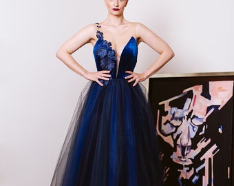 Blue ball gown, blue gown with open back, evening gown, colored bride, alternative bride dress, velvet and tulle dress