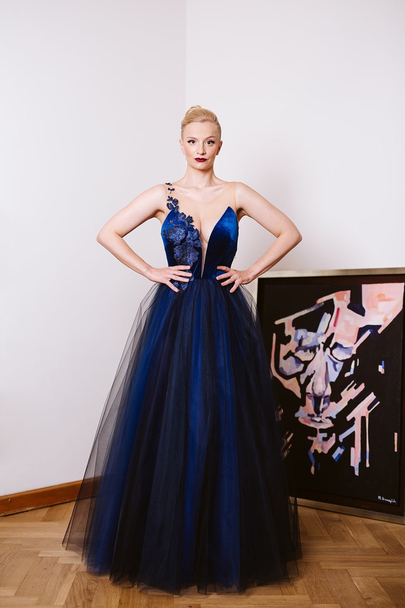 Blue ball gown, blue gown with open back, evening gown, colored bride, alternative bride dress, velvet and tulle dress image 1