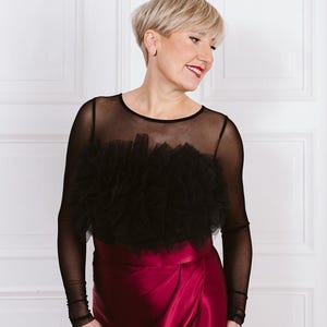 Mesh blouse with tulle appliqué, modern blouse, tulle blouse, exclusive blouse, evening blouse