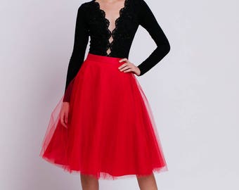 Tea-length tulle skirt with pockets, red tulle skirt, midi skirt with pockets, elegant midi skirt, adult tutu, evening skirt,  prom