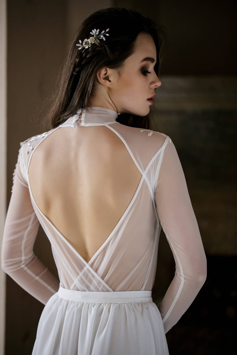 lace bodysuit, wedding separates, longsleeve lace blouse, bridal longsleeve, lace high neck, white bodysuit, wedding gown separates, bridal image 4