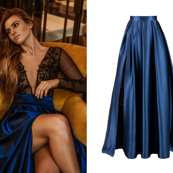 toller maxi rock mit schlitz. Marineblauer Maxirock mit Taschen, hoch taillierter eleganter Rock