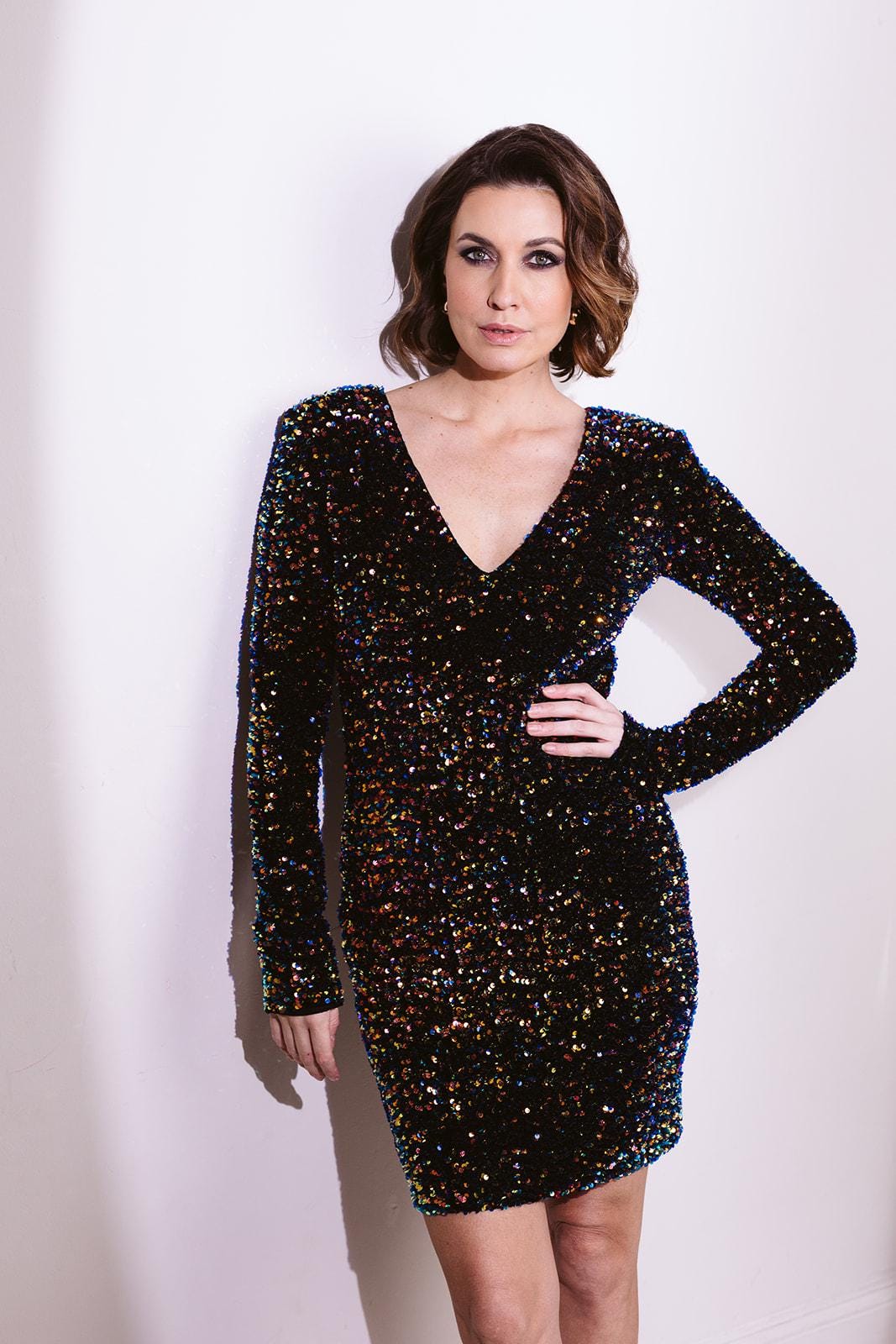 glitter pencil dress Stretch Sequin Pencil Dress * Reversible V-Neck * Sparkly Party Outfit * Long Sleeve Cocktail Dress