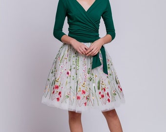 Floral ebroidered tulle skirt, floral tulle skirt, romantic skirt, boho, floral pattern, floral lace, tea-length skirt, calf length skirt,