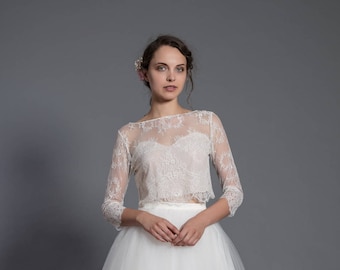 wedding lace blouse, ecru lace blouse, ivory elegant top, romantic top, party blouse, elegant blouse, bridal separate, two piece gown