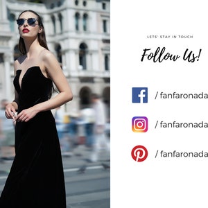 Puede incluir: Una mujer con un vestido de terciopelo negro y gafas de sol se encuentra en una calle de la ciudad. El texto "LETS' STAY IN TOUCH Follow Us!" se muestra en el lado derecho de la imagen. Los iconos de redes sociales para Facebook, Instagram y Pinterest se muestran debajo del texto con el nombre de usuario "/fanfaronada" para cada plataforma.