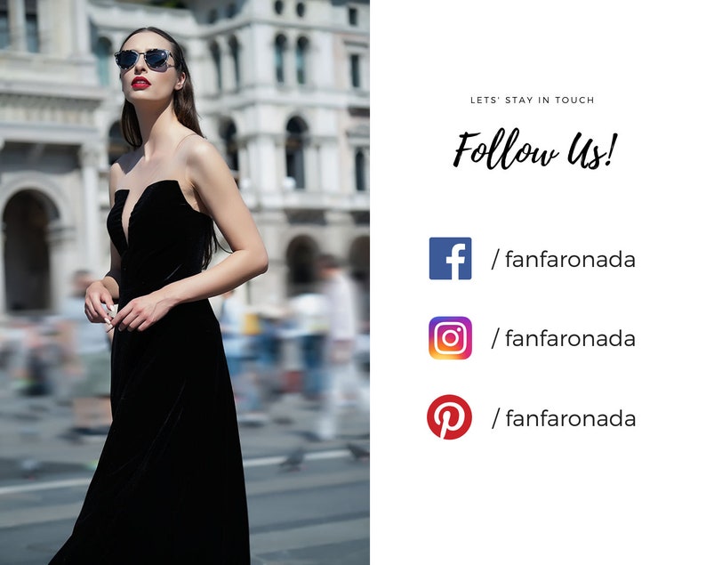 Puede incluir: Una mujer con un vestido de terciopelo negro y gafas de sol se encuentra en una calle de la ciudad. El texto "LETS' STAY IN TOUCH Follow Us!" se muestra en el lado derecho de la imagen. Los iconos de redes sociales para Facebook, Instagram y Pinterest se muestran debajo del texto con el nombre de usuario "/fanfaronada" para cada plataforma.