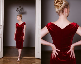 Red velvet dress, short evening dress, fitted elegant dress