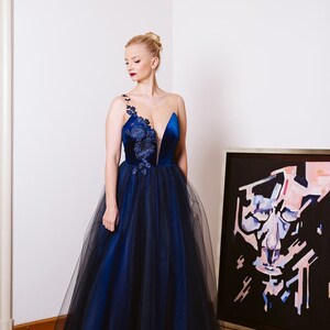 Blue ball gown, blue gown with open back, evening gown, colored bride, alternative bride dress, velvet and tulle dress image 7