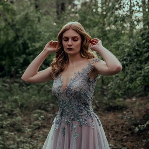 Colored wedding dress, blue lace with open back gown, evening gown, colored bride, alternative bride dress