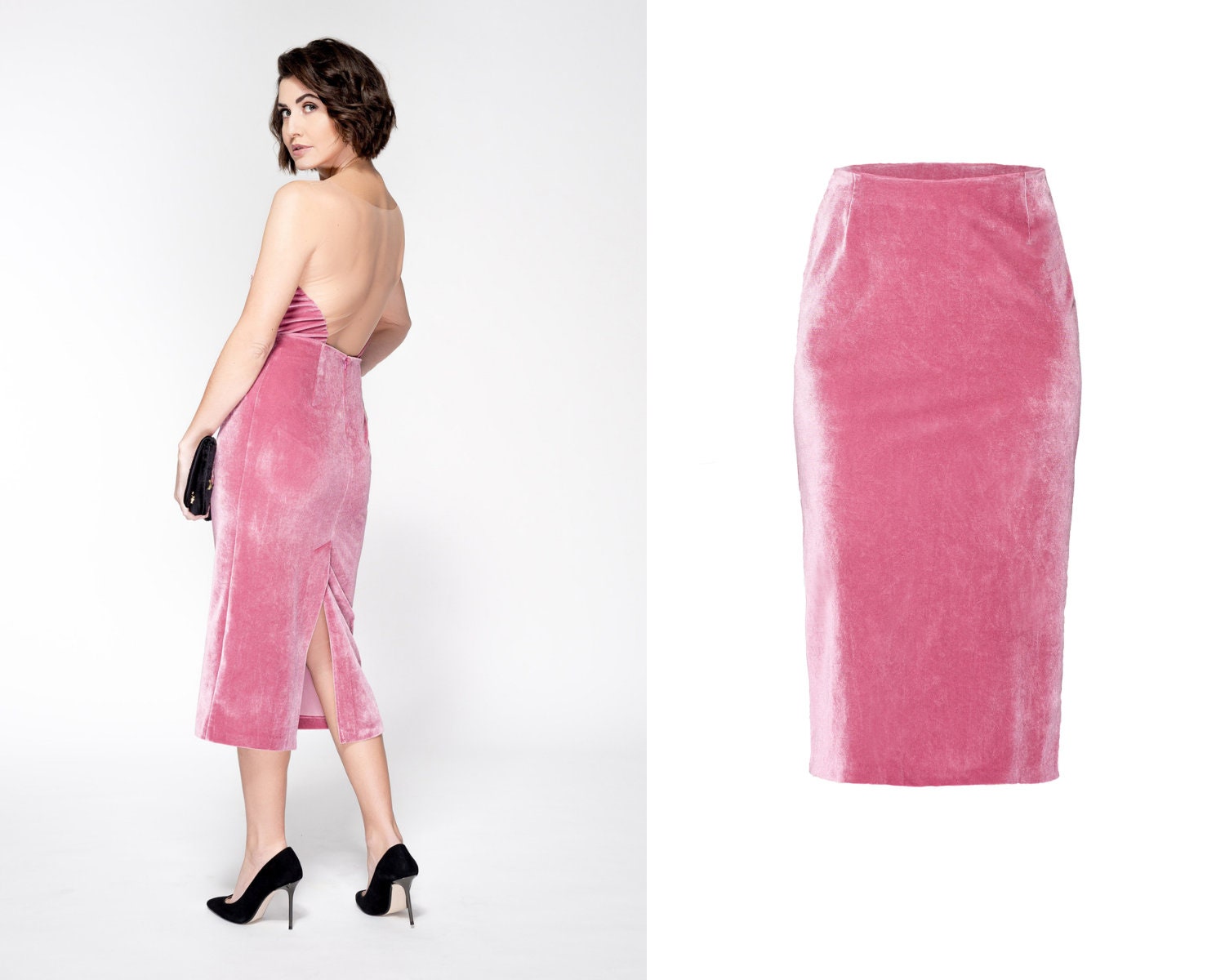 hot pink velvet pencil skirt