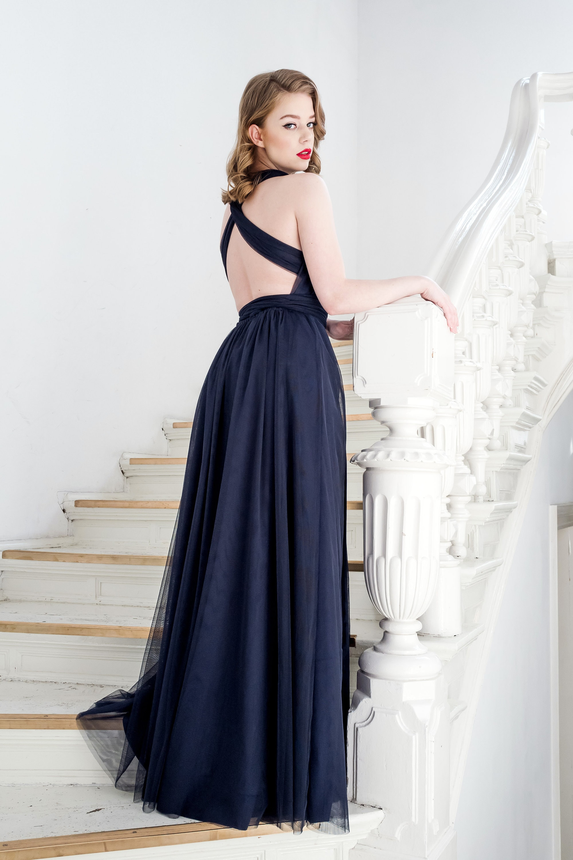 navy infinity bridesmaid dress Convertible Bridesmaid Dress Stretchable Woven Dress Pleated Prom Dres –  vigocouture