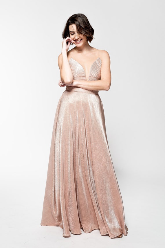 Rose Gold Metallic Bodysuit - Deep V-Neck Bridal Top