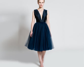 navy blue tulle skirt, adult tutu, bridesmaid dress, tulle tea-length skirt, calf length skirt, party outfit, petticoat skirt
