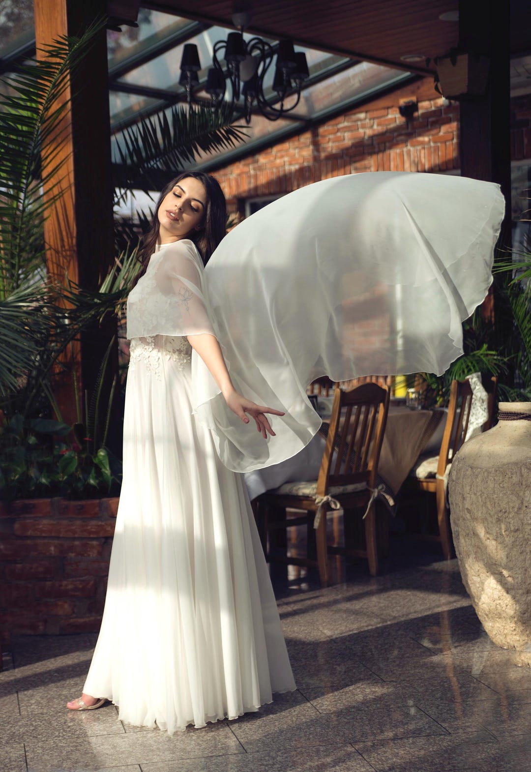 Chiffon Wedding Cape With Train, Bridal Cover Up - Etsy display picture 1